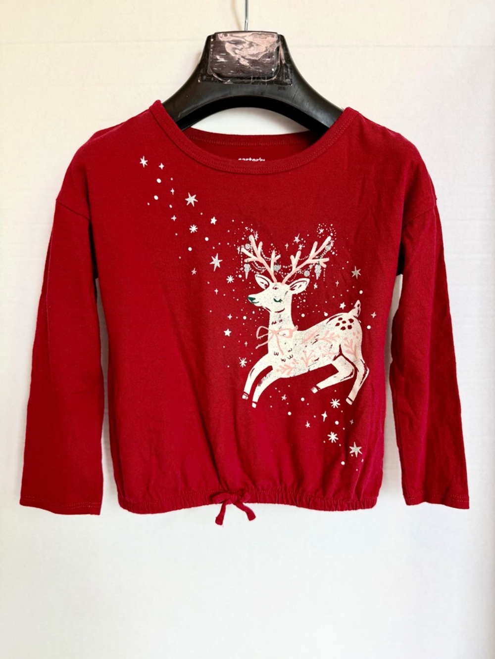 Carter's Red Long-Sleeve Reindeer Graphic Tie-Hem Top Like New